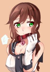 Rule 34 | 1girl, bare shoulders, blush, braid, breasts, brown hair, cleavage, closed mouth, collar, collarbone, animal collar, green eyes, heart lock (kantai collection), highres, kantai collection, kuuya (ayahata43), large breasts, looking at viewer, noshiro (kancolle), pink background, sailor collar, simple background, solo, twin braids, upper body