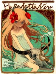 Rule 34 | 1girl, aqua eyes, art nouveau, dress, flower, hair flower, hair ornament, highres, horns, long hair, original, ryuukeichi andromeda, skull, strap slip