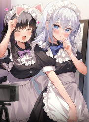 Rule 34 | 2girls, apron, blue ribbon, blush, breasts, camera, closed eyes, frills, hand up, hands up, heart, highres, kanda done, large breasts, long hair, maid, maid apron, maid headdress, medium breasts, medium hair, mirror, multiple girls, open mouth, original, purple ribbon, ribbon, small breasts, smile, white hair