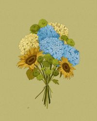 Rule 34 | blue flower, bouquet, commentary, commission, english commentary, flower, green background, highres, hydrangea, leaf, libbyframe, no humans, original, simple background, sunflower, yellow flower