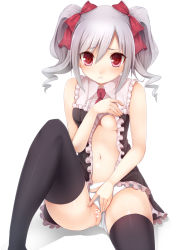 Rule 34 | 10s, 1girl, black thighhighs, blush, breasts, censored, clothing aside, idolmaster, idolmaster cinderella girls, kanzaki ranko, naruse rei, navel, panties, panties aside, pussy, red eyes, silver hair, sitting, solo, thighhighs, twintails, underwear