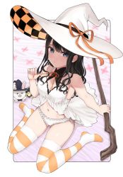 Rule 34 | 1girl, babydoll, bare shoulders, black hair, blue eyes, breasts, broom, cleavage, hat, hat ribbon, highres, holding, holding ribbon, idolmaster, idolmaster shiny colors, kazano hiori, long hair, looking at viewer, navel, panties, rabbit, ribbon, sitting, solo, striped clothes, striped thighhighs, sukeroku (treeee), thighhighs, underwear, untying, white babydoll, white panties, witch hat