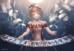 Rule 34 | 1girl, akamatsu kaede, artist name, bare shoulders, beamed eighth notes, blonde hair, breasts, cleavage, collarbone, commentary request, cowboy shot, danganronpa (series), danganronpa 10th anniversary costume, danganronpa v3: killing harmony, dated, dress, flower, hair flower, hair ornament, happy birthday, instrument, medium breasts, medium hair, music, musical note, nail polish, official alternate costume, paper, piano, pink nails, playing instrument, red dress, red eyes, red flower, red nails, ribbon, sheet music, smile, solo, white dress, z-epto (chat-noir86)