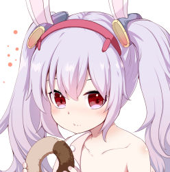 Rule 34 | 1girl, :t, animal ears, azur lane, bare shoulders, blush, closed mouth, collarbone, commentary request, doughnut, eyebrows hidden by hair, food, food on face, grey hair, hair between eyes, hairband, hands up, highres, holding, holding food, jacket, laffey (azur lane), long hair, nail polish, off shoulder, open clothes, open jacket, pink jacket, pink nails, rabbit ears, red eyes, red hairband, simple background, solo, takara akihito, twintails, upper body, white background