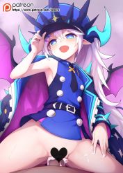 Rule 34 | 1boy, 1girl, armpits, bad id, bad pixiv id, blush, bottomless, breasts, censored, cloak, clothed female nude male, clothed sex, cowgirl position, crown, cum, cum in pussy, demon girl, elsword, fang, girl on top, hair ornament, hairclip, hat, heart, heart censor, hetero, horns, luciela r. sourcream, necktie, nude, patreon username, peaked cap, penis, ponytail, pov, pussy, sex, sleeveless, small breasts, solo focus, straddling, sweat, timoria (elsword), transparent censoring, waero, wings