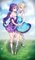 Rule 34 | 10s, 2girls, arms around waist, ayase eli, bad id, bad pixiv id, blonde hair, blue dress, blue eyes, camisole, clinexgrim, cross-laced footwear, day, dress, elbow gloves, eye contact, frilled skirt, frills, gloves, gradient background, highres, holding hands, jewelry, lens flare, long hair, looking at another, love live!, love live! school idol festival, love live! school idol project, low twintails, multiple girls, necklace, outdoors, ponytail, purple hair, skirt, smile, tojo nozomi, twintails, white gloves, yuri