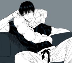 Rule 34 | 1boy, belt, couch, cowboy shot, fushiguro touji, greyscale, hair between eyes, head rest, highres, jujutsu kaisen, looking at viewer, male focus, monochrome, monster, pants, parted lips, scar, scar on face, shiraki (shiraki shiki), shirt, short hair, short sleeves, simple background, sitting, smile, solo