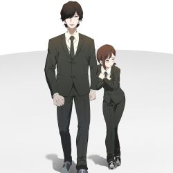 Rule 34 | 1boy, 1girl, black hair, black jacket, black necktie, black pants, brown hair, chainsaw man, collared shirt, gyoza 2001, hair over one eye, height difference, higashiyama kobeni, highres, jacket, leaning forward, light frown, looking at viewer, looking to the side, meme, mole, mole under eye, necktie, pants, real life, shadow, shirt, short hair, simple background, single sidelock, standing, white background, white shirt, yonezu kenshi (person)