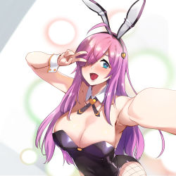 Rule 34 | 1girl, ahoge, animal ears, armpits, bare shoulders, blush, breasts, cleavage, collarbone, counter:side, covered erect nipples, ddolggol, detached collar, fake animal ears, fishnet legwear, fishnets, hair over one eye, heart, heart in eye, highres, large breasts, leotard, lips, lower teeth only, miya (counter:side), official alternate costume, open mouth, pink hair, playboy bunny, rabbit ears, smile, solo, strapless, strapless leotard, symbol in eye, teeth, wing collar, wrist cuffs