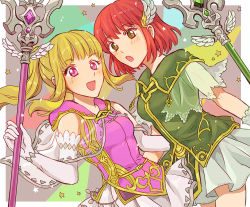 Rule 34 | 2girls, bad id, bad pixiv id, blonde hair, clarine, cosplay, costume switch, dress, fire emblem, fire emblem: the binding blade, fire emblem: the blazing blade, fire emblem heroes, gloves, holding, looking at viewer, multiple girls, nintendo, noshima, polearm, priscilla (fire emblem), red hair, skirt, smile, sparkle, staff, weapon