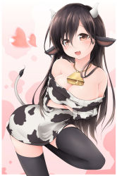Rule 34 | 1girl, animal ears, animal print, bare shoulders, bell, black thighhighs, blush, breast hold, breasts, cleavage, collar, cow ears, cow horns, cow print, cow tail, cowbell, crossed arms, ebi senbei, heart, horns, large breasts, long hair, neck bell, off-shoulder, off-shoulder sweater, off shoulder, open mouth, original, smile, solo, sweater, tail, thighhighs