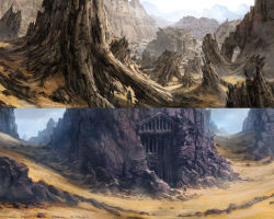 Rule 34 | 00s, 2009, 4boys, arch, blue sky, canyon, cliff, concept art, dated, day, desert, final fantasy, final fantasy xii, fog, from behind, full body, male focus, mountain, multiple boys, official art, outdoors, pillar, rock, ruins, sand, scenery, sky, split screen, standing, temple, uniform, wide shot
