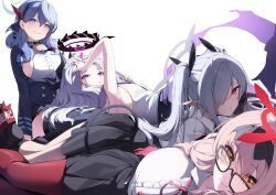 Rule 34 | 4girls, ako (blue archive), bare shoulders, blue archive, blue eyes, blush, breasts, brown hair, chinatsu (blue archive), cleavage, closed mouth, dark skin, ddangbi, demon horns, glasses, gloves, grey hair, hair ornament, hair over one eye, hairband, halo, highres, hina (blue archive), horns, iori (blue archive), large breasts, long hair, long sleeves, looking at viewer, multiple girls, parted bangs, pointy ears, purple eyes, red eyes, shirt, sitting, skirt, smile, tail, thighs, twintails, white hair, white shirt
