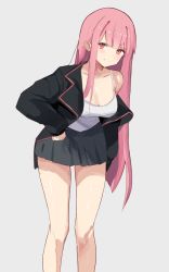 Rule 34 | 1girl, black skirt, blunt bangs, breasts, cleavage, closed mouth, highres, hololive, hololive english, large breasts, leaning forward, long hair, looking at viewer, mori calliope, pink eyes, pink hair, pleated skirt, skirt, skykappa, smile, solo, tank top, virtual youtuber