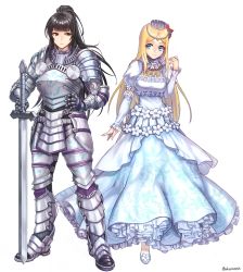 Rule 34 | 2girls, aken, arm at side, armor, armored boots, black hair, blue eyes, blunt bangs, boots, breastplate, breasts, circlet, closed mouth, couter, crown, detached sleeves, dress, elbow pads, eyebrows, faulds, flower, frilled dress, frilled sleeves, frills, full body, gauntlets, hair flower, hair ornament, hand on own hip, holding, holding sword, holding weapon, legs apart, long dress, long hair, looking at another, looking to the side, multiple girls, narberal gamma, overlord (maruyama), patterned, pauldrons, ponytail, puffy short sleeves, puffy sleeves, red flower, renner theiere chardelon ryle vaiself, shoes, short sleeves, shoulder armor, simple background, smile, standing, star (symbol), sword, tiara, twitter username, weapon, white background, white dress, white flower, white footwear