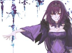 Rule 34 | 1girl, breasts, cleavage, covered navel, dress, expressionless, fate/grand order, fate (series), frown (wonderland85711), fur trim, hair between eyes, jewelry, large breasts, long hair, long sleeves, looking at viewer, necklace, outstretched arm, purple dress, purple hair, red eyes, scathach (fate), scathach skadi (fate), solo, spire, tiara, upside-down, white background, wide sleeves