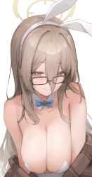 Rule 34 | 1girl, absurdres, akane (blue archive), akane (bunny) (blue archive), animal ears, bare shoulders, black-framed eyewear, blue archive, blue bow, blue bowtie, blush, bow, bowtie, breasts, brown eyes, brown hair, brown shawl, cleavage, closed mouth, dated commentary, detached collar, fake animal ears, hair between eyes, halo, highres, jun daniell, large breasts, leotard, long hair, looking at viewer, official alternate costume, plaid shawl, playboy bunny, rabbit ears, rectangular eyewear, shawl, simple background, solo, upper body, white background, white leotard