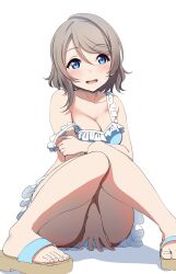 Rule 34 | 1girl, absurdres, amagi (volfuji), asymmetrical bangs, between legs, bikini, blue bikini, blue eyes, blush, breasts, cleavage, collarbone, commentary, frilled bikini, frills, hand between legs, hand on own arm, highres, large breasts, legs, light brown hair, looking afar, love live!, love live! sunshine!!, on floor, open mouth, sandals, short hair, sitting, solo, strap slip, swimsuit, thighs, toes, watanabe you, white background