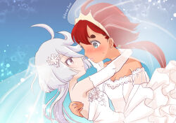 Rule 34 | 2girls, ahoge, bare shoulders, blush, breasts, bridal veil, cleavage, commentary request, dark-skinned female, dark skin, dress, elbow gloves, female focus, gloves, grey hair, gundam, gundam suisei no majo, hand on another&#039;s cheek, hand on another&#039;s face, long hair, medium breasts, miorine rembran, mitou kana, multiple girls, red hair, suletta mercury, sweatdrop, thick eyebrows, twitter username, veil, wedding dress, white gloves, wife and wife, yuri