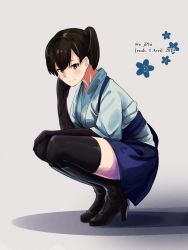Rule 34 | 1girl, black footwear, boots, brown eyes, brown hair, elbow gloves, gloves, high heel boots, high heels, highres, japanese clothes, kaga (kancolle), kantai collection, long hair, looking at viewer, one-hour drawing challenge, shoes, side ponytail, skirt, solo, squatting, thigh boots, thighhighs, thighhighs under boots, vi3r6ein