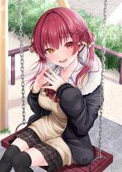 Rule 34 | 1girl, heterochromia, highres, hololive, houshou marine, looking at viewer, nagura shiro, open mouth, outdoors, red eyes, red hair, sitting, smile, solo, twintails, virtual youtuber, yellow eyes