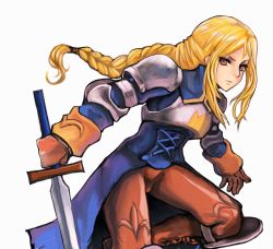 Rule 34 | 1girl, agrias oaks, armor, blonde hair, braid, braided ponytail, brown eyes, closed mouth, commentary, dakusuta, final fantasy, final fantasy tactics, gloves, knight, long hair, looking at viewer, pantyhose, simple background, single braid, solo, sword, tights day, weapon, white background