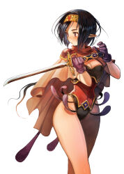 Rule 34 | 1girl, absurdres, armor, artist name, bare legs, black hair, breasts, brown eyes, cape, cleavage, clip studio paint (medium), eudetenis, gloves, hairband, heart, highres, holding, holding sword, holding weapon, light blush, looking to the side, medium breasts, original, pointy ears, purple gloves, short hair, shoulder armor, signature, solo, sword, weapon