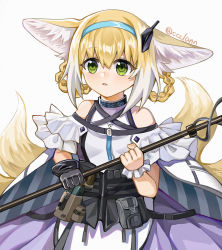 Rule 34 | 1girl, absurdres, animal ears, arknights, belt pouch, black gloves, blonde hair, blue hairband, ccclann, clothing cutout, commentary, commentary request, dress, earpiece, english commentary, fox ears, fox tail, gloves, green eyes, hair rings, hairband, highres, holding, holding staff, huge filesize, infection monitor (arknights), mixed-language commentary, multicolored hair, parted lips, pouch, purple skirt, shoulder cutout, simple background, single glove, skirt, solo, staff, streaked hair, suzuran (arknights), tail, twitter username, upper body, white background, white dress, white hair
