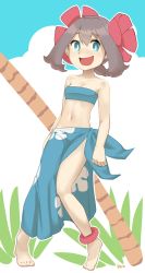 Rule 34 | 1girl, alternate costume, anklet, artist name, bare shoulders, barefoot, blue eyes, blue sarong, blue sky, blue tube top, blush, breasts, brown hair, collarbone, cosplay, creatures (company), day, feet, female focus, floral print, flower, full body, game freak, grass, hair flower, hair ornament, happy, highres, jewelry, knees together feet apart, looking at viewer, may (pokemon), midriff, navel, nintendo, nyonn24, open mouth, palm tree, phoebe (pokemon), phoebe (pokemon) (cosplay), pigeon-toed, pink flower, pokemon, pokemon rse, sarong, short hair, signature, sky, small breasts, smile, solo, standing, strapless, tree, tube top