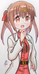 Rule 34 | 1girl, absurdres, artist name, brown hair, hair ornament, hairclip, hand on own hip, hand up, highres, lab coat, long hair, luisz4g4, onii-chan wa oshimai!, open mouth, oyama mihari, simple background, solo