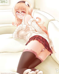 Rule 34 | 10s, 1girl, ass, black thighhighs, boots, breasts, brown hair, closed mouth, compa, escapist howl, female focus, glasses, hair ornament, hairband, highres, large breasts, lips, long hair, miniskirt, neptune (series), on bed, panties, pantyshot, red eyes, skirt, solo, sweater, thighhighs, underwear