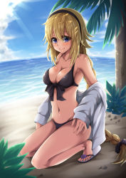 Rule 34 | 1girl, beach, bikini, black bikini, black bow, black hairband, black scrunchie, blonde hair, blue eyes, blue sky, blush, bow, braid, breasts, cleavage, clothes down, cloud, collarbone, day, fate/grand order, fate (series), front-tie bikini top, front-tie top, full body, grey jacket, hair between eyes, hair ornament, hair scrunchie, hairband, highres, ippachi, jacket, jeanne d&#039;arc (fate), jeanne d&#039;arc (ruler) (fate), jeanne d&#039;arc (swimsuit archer) (fate), jeanne d&#039;arc (swimsuit archer) (first ascension) (fate), kneeling, long hair, looking at viewer, medium breasts, ocean, open clothes, open jacket, outdoors, palm tree, scrunchie, single braid, sky, smile, solo, sunlight, swimsuit, tree, very long hair