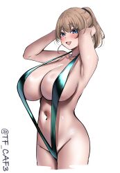 1girl absurdres alternate_costume armpits arms_up bikini blue_bikini blue_eyes blush breasts brown_hair cleavage commentary_request cowboy_shot cropped_legs groin hair_between_eyes highres huge_breasts intrepid_(kancolle) kantai_collection looking_at_viewer navel one-hour_drawing_challenge open_mouth ponytail short_hair simple_background slingshot_swimsuit smile solo stomach sweat swimsuit tf_cafe twitter_username white_background