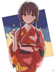 Rule 34 | black hair, bug, butterfly, enkichi, expressionless, hair between eyes, hair up, highres, hime cut, holding, holding own arm, holding string, insect, japanese clothes, killer in the mirror, kimono, kuudere, purple eyes, red kimono, shitakiri nodoka, string, sunset, water balloon