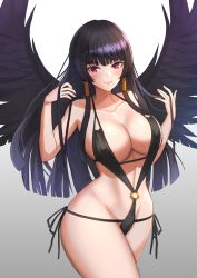 Rule 34 | 1girl, alternate costume, black hair, black one-piece swimsuit, black wings, blunt bangs, breasts, cleavage, cowboy shot, curvy, dead or alive, gradient background, groin, hair ornament, hair tubes, hand in own hair, hands up, highres, hime cut, large breasts, long hair, looking at viewer, mole, mole under mouth, navel, nyotengu, o-ring, one-piece swimsuit, purple eyes, rothy (user cezn8425), simple background, slingshot swimsuit, smile, solo, swimsuit, thighs, wings