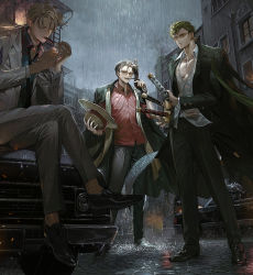 Rule 34 | 3boys, alternate costume, black coat, black footwear, black hair, black neckwear, black pants, blonde hair, blouse, blue shirt, building, car, cigar, closed eyes, coat, coat on shoulders, collared shirt, crossed legs, dress shoes, earrings, formal, green coat, green hair, green pants, gun, hand on hilt, handgun, hat, unworn headwear, holding, holding clothes, holding gun, holding hat, holding weapon, jacket, jewelry, katana, lapels, lighting cigarette, long sleeves, male focus, monkey d. luffy, motor vehicle, mouth hold, multiple boys, multiple swords, necktie, on vehicle, one piece, overcast, pants, pectoral cleavage, pectorals, rain, red shirt, roronoa zoro, runa (nori31291404), sanji (one piece), scabbard, see-through, sett, sheath, sheathed, shirt, shoes, short hair, sky, standing, stole, straw hat, suit, sunglasses, sword, weapon, wet, wet clothes, wet shirt, white coat, white jacket, white pants, white shirt