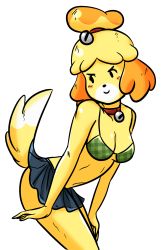 Rule 34 | animal crossing, bell, bikini, bikini top only, blush, breasts, cleavage, collar, dog girl, furry, furry female, highres, i am jemboy, isabelle (animal crossing), leaning forward, neck bell, nintendo, skirt, smile, solo, swimsuit, tail, transparent background