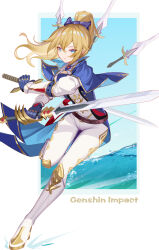 Rule 34 | 1girl, absurdres, belt, blonde hair, blue bow, blue eyes, blue gloves, bow, brown belt, commentary request, copyright name, dual wielding, genshin impact, gloves, hair bow, highres, holding, holding sword, holding weapon, jean (genshin impact), leggings, long hair, long sleeves, looking at viewer, luai, pants, ponytail, solo, sword, thighs, weapon, white pants