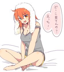 Rule 34 | 1girl, :d, bed sheet, between legs, blush, breasts, brown eyes, cleavage, collarbone, covered erect nipples, fate/grand order, fate (series), fujimaru ritsuka (female), full body, grey shirt, hair between eyes, hand between legs, indian style, long hair, looking at viewer, medium breasts, nm222, off shoulder, on bed, open mouth, orange hair, shirt, short shorts, shorts, simple background, sitting, sketch, sleeveless, sleeveless shirt, smile, solo, towel, towel on head, white background, yellow shorts