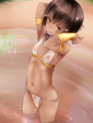 Rule 34 | 1girl, akino shuu, armband, armlet, arms behind head, arms up, assal (sennen sensou aigis), bikini, black hair, blush, bob cut, bracer, breasts, brown hair, commentary request, covered erect nipples, dark-skinned female, dark skin, egyptian, hair between eyes, hair ornament, hairclip, jewelry, looking at viewer, navel, nipples, parted lips, red eyes, see-through, sennen sensou aigis, short hair, side-tie bikini bottom, small breasts, smile, solo, swimsuit, wading, water, wet, wet clothes, white bikini
