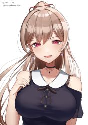 Rule 34 | 1girl, :d, absurdres, bare shoulders, black choker, black ribbon, black shirt, blush, breasts, brown hair, choker, clothing cutout, collarbone, collared shirt, commentary request, dated, earrings, furen e lustario, hair between eyes, hand up, high ponytail, highres, hirota fruit, jewelry, large breasts, long hair, looking at viewer, nijisanji, open mouth, ponytail, red eyes, ribbon, shirt, shoulder cutout, simple background, smile, solo, star (symbol), twitter username, virtual youtuber, white background