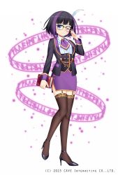 Rule 34 | 1girl, ascot, black footwear, black hair, black jacket, blue eyes, blunt bangs, blush, book, brown thighhighs, chain, closed mouth, full body, garter belt, glasses, gothic wa mahou otome, high heels, highres, holding, holding book, jacket, jenevan, long sleeves, looking at viewer, multicolored hair, official art, one eye closed, open clothes, open jacket, pencil skirt, purple ascot, purple hair, purple skirt, shirt, short hair, skirt, smile, solo, standing, streaked hair, thighhighs, watermark, white background, white shirt, wing collar