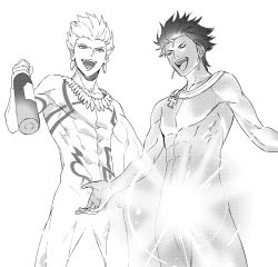 Rule 34 | 2boys, alcohol, bottle, completely nude, cowboy shot, dark-skinned male, dark skin, fate/grand order, fate/prototype, fate/prototype: fragments of blue and silver, fate (series), gilgamesh (fate), glowing, glowing penis, greyscale, highres, male focus, monochrome, multiple boys, nude, open mouth, outstretched arms, ozymandias (fate), penis, short hair, simple background, smile, spiked hair, takashi (huzakenna), white background