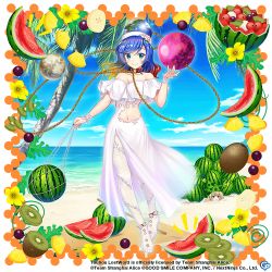 Rule 34 | 2girls, artist request, beach, blue eyes, blue hair, blue nails, chain, closed mouth, clothing cutout, clownpiece, copyright notice, earth (ornament), fingernails, flower, food, fruit, full body, gold chain, happy, hat, hecatia lapislazuli, hecatia lapislazuli (earth), jester cap, kiwi (fruit), looking at viewer, midriff, moon, moon (ornament), multiple girls, nail polish, navel, no shoes, non-web source, ocean, pantyhose, smile, solo, stomach, stomach cutout, touhou, touhou lostword, transparent background, water, white pantyhose
