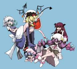 Rule 34 | 5girls, bat wings, bespectacled, blonde hair, blue eyes, blue hair, book, boots, braid, closed eyes, crescent, crescent hat ornament, embodiment of scarlet devil, female focus, flandre scarlet, glasses, hair over one eye, hair ribbon, hairband, hat, hat ornament, head wings, izayoi sakuya, koakuma, long hair, maid, mob cap, multiple girls, patchouli knowledge, purple hair, red eyes, red hair, remilia scarlet, ribbon, short hair, side ponytail, silver hair, simple background, tima, touhou, twin braids, wings