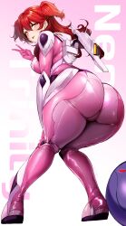 Rule 34 | 1girl, absurdres, agetama, ass, ass focus, bad haro, blush, bodysuit, breasts, cameltoe, come hither, from behind, from below, gundam, gundam 00, highres, huge ass, large breasts, leaning, leaning forward, long hair, looking at viewer, looking back, nena trinity, orange eyes, red hair, sideboob, skin tight, smile, tongue, tongue out, two side up, v