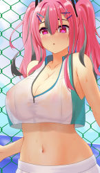 Rule 34 | 1girl, :o, azur lane, bare shoulders, blue sky, breasts, bremerton (azur lane), bremerton (scorching-hot training) (azur lane), chain-link fence, cleavage, collarbone, commentary request, covered erect nipples, crop top, crop top overhang, day, eyebrows hidden by hair, fence, grey hair, hair between eyes, hair intakes, hair ornament, hairclip, highres, large breasts, long hair, looking at viewer, midriff, multicolored hair, navel, no mole, pink eyes, pink hair, see-through, shadow, shirt, sidelocks, skirt, sky, sleeveless, sleeveless shirt, solo, sportswear, standing, streaked hair, sweat, tennis uniform, twintails, two-tone hair, two-tone shirt, upper body, wet, wet clothes, wet shirt, white skirt, x hair ornament, yuuki atori