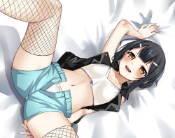 Rule 34 | 1girl, :d, absurdres, baicha, bed sheet, black hair, blush, bow, bow panties, crop top, fate/kaleid liner prisma illya, fate (series), fishnet thighhighs, fishnets, from above, hair bun, hair ornament, hairclip, highres, looking at viewer, lying, midriff, miyu edelfelt, navel, on back, open mouth, orange eyes, panties, short shorts, shorts, sidelocks, single hair bun, sleeveless, smile, solo, spread legs, tank top, thighhighs, underwear, unzipped, vest, white panties