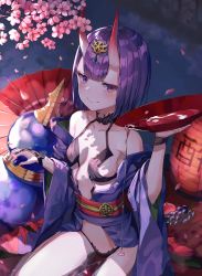 Rule 34 | 1girl, absurdres, alcohol, bare shoulders, blush, bob cut, breasts, bridal gauntlets, cherry blossoms, closed mouth, collarbone, cup, eyeliner, fate/grand order, fate (series), flower, food, fruit, fruit bowl, gourd, grapes, headpiece, highres, horns, huge filesize, japanese clothes, kimono, lantern, long sleeves, looking at viewer, makeup, obi, off shoulder, oil-paper umbrella, oni, paper lantern, peach, petals, pouring, pouring onto self, purple eyes, purple hair, purple kimono, revealing clothes, sakazuki, sake, sarika, sash, short hair, shuten douji (fate), sitting, skin-covered horns, small breasts, smile, thighs, umbrella, wide sleeves