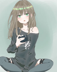 Rule 34 | 1boy, :o, bad id, bad pixiv id, brown hair, cellphone, green eyes, green shirt, green thighhighs, gretel (sinoalice), hair between eyes, highres, holding, holding phone, long hair, long sleeves, looking at viewer, mayu-mayu1026, open mouth, phone, reality arc (sinoalice), shirt, sinoalice, sitting, solo, thighhighs, trap